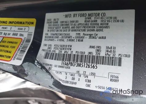 2021 Ford Mustang Gt Premium Fastback из США, поврежденный, VIN 1FA6P8CF3M5126565